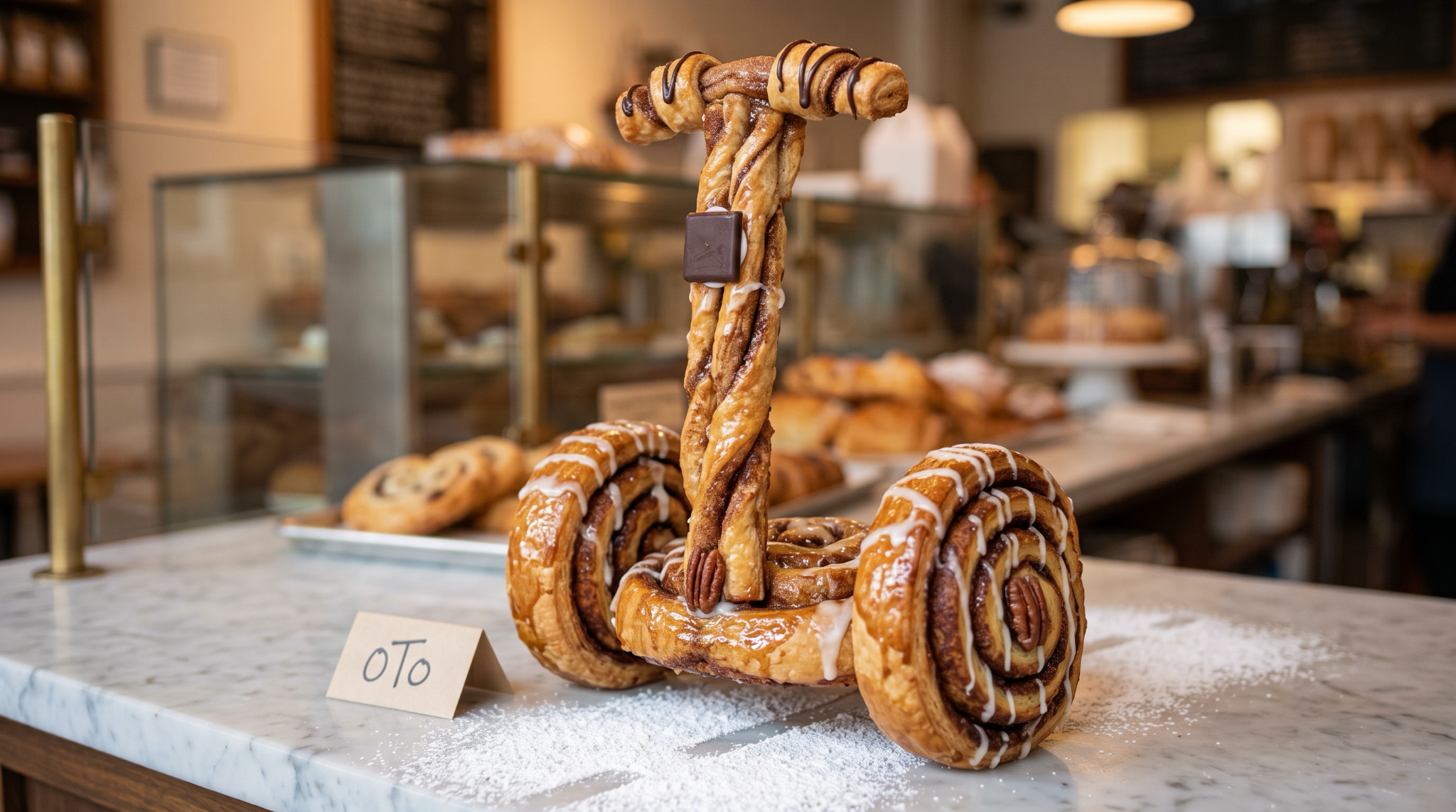 A playful Segway made of cinnamon pastries, chocolate and icing, with an oTo name card